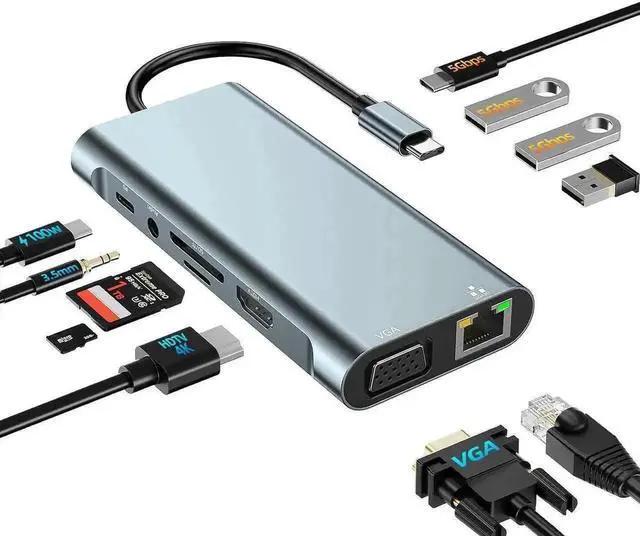 Main image of Multiport USB C Docking Station Hub with 4K HDMI, VGA, Gigabit 1000M RJ45 Ethernet, 3 USB3.0, 100W PD Charging, USB-C Data Port and 3.5mm Audio Jack, Compatible with MacBook Pro, iPhone 15, iPad Air,