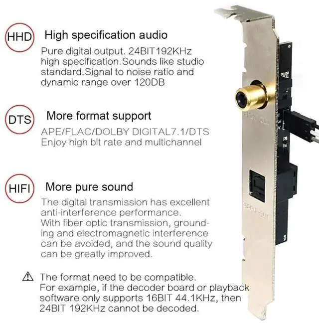 Alt view image 6 of 6 - 24Bit 192KHz SPDIF Optical Fiber Coaxial Digital Audio Daughter Card with Baffle Bracket, Internal PCIe Back Panel Digital Sound Output Expansion Module, Black