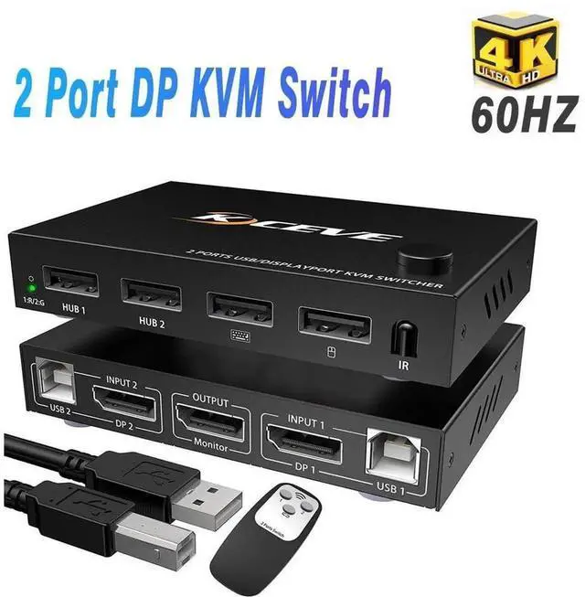 Main image of 2 in 1 Out DP KVM Switch with 2-Port USB 2.0 Hub, 2 Port DisplayPort KVM Switcher Supports 4K@60Hz 3840*2160 Resolution to Share One Monitor Keyboard and Mouse for Two Computers Laptops Servers
