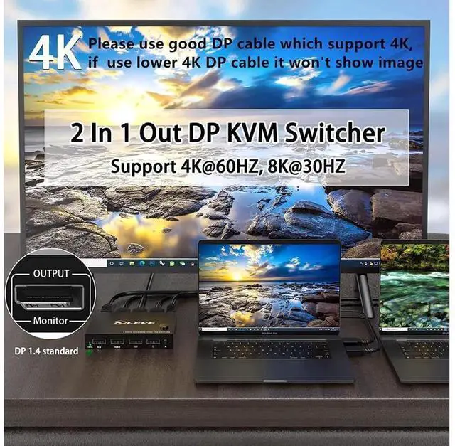 Alt view image 4 of 7 - 2 in 1 Out DP KVM Switch with 2-Port USB 2.0 Hub, 2 Port DisplayPort KVM Switcher Supports 4K@60Hz 3840*2160 Resolution to Share One Monitor Keyboard and Mouse for Two Computers Laptops Servers