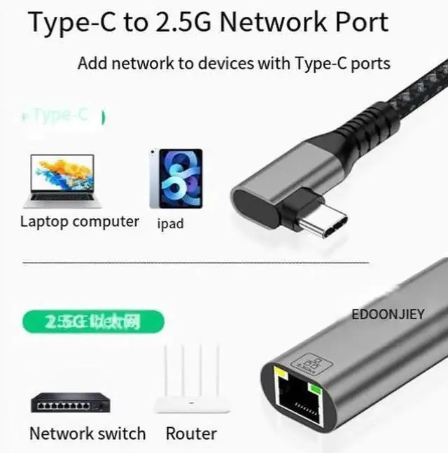 Alt view image 2 of 4 - Aluminum Alloy Right Angle USB-C to RJ45 Ethernet Adapter, 2.5G/10G High Speed LAN Network Card with 3 USB 3.0 Ports, Plug and Play External Wired Network Converter for MacBook Laptops PCs