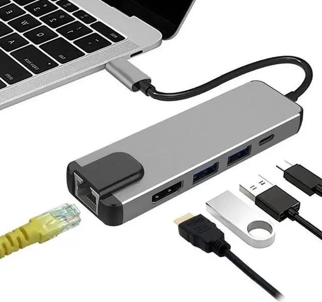 Main image of 5 in 1 USB C Multiport Hub Docking Station with 4K HDMI, 1000Mbps Gigabit Ethernet, 100W PD Charging & 2 USB 3.0 Ports, Portable Type C Adapter Compatible with MacBook Pro Air and Windows USB C Laptop