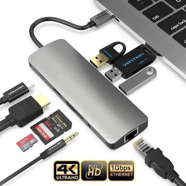 Main image of 9 in 1 USB C Multiport Docking Station with Gigabit Ethernet, 4K HDMI Output, 3 USB 3.0 Ports, SD TF Card Reader, 3.5mm Audio Jack and 100W PD Charging Compatible with MacBook Pro and All USB-C Laptop