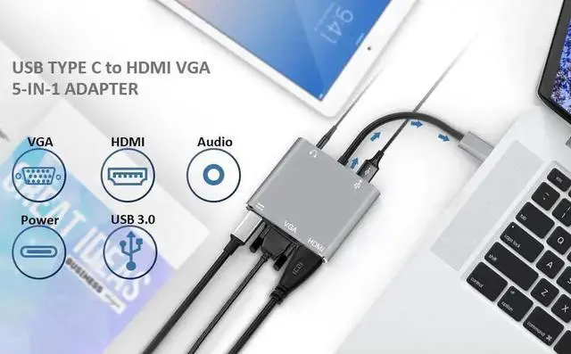 Main image of 5 in 1 USB C Multiport Adapter with 4K HDMI, 1080P VGA, USB 3.0 Data Port, USB-C PD Charging and 3.5mm Audio Jack, Type C Converter Compatible with MacBook Dell XPS Switch Samsung Devices