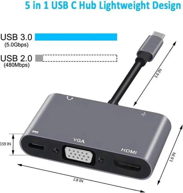 Alt view image 7 of 7 - 5 in 1 USB C Multiport Adapter with 4K HDMI, 1080P VGA, USB 3.0 Data Port, USB-C PD Charging and 3.5mm Audio Jack, Type C Converter Compatible with MacBook Dell XPS Switch Samsung Devices