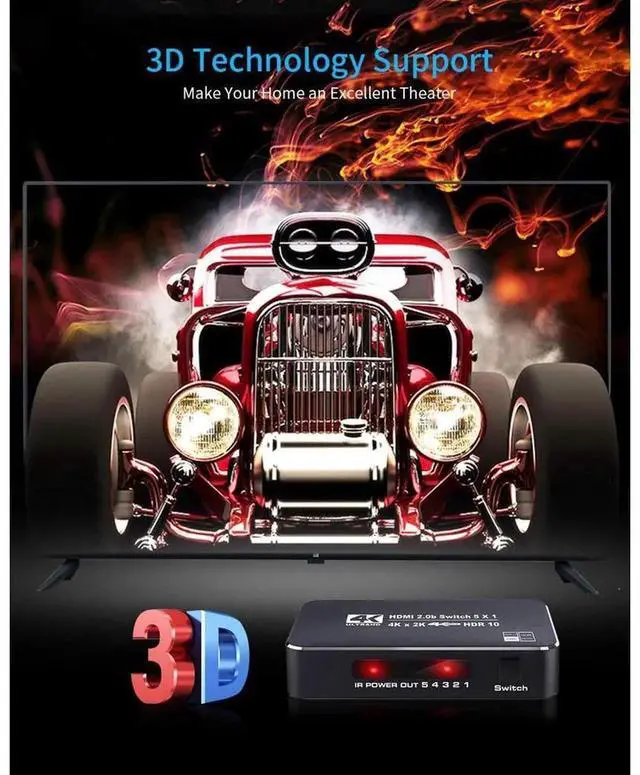 Alt view image 7 of 7 - OZQ3-3 5 Port HDMI 2.0 4K@60Hz HDR HDMI Switch with IR Remote Control, Max 18.5Gbps Bandwidth Supports Dolby Vision HDR10 HDCP 2.2 3D for Game Consoles Blu-ray Players HDTV Projectors