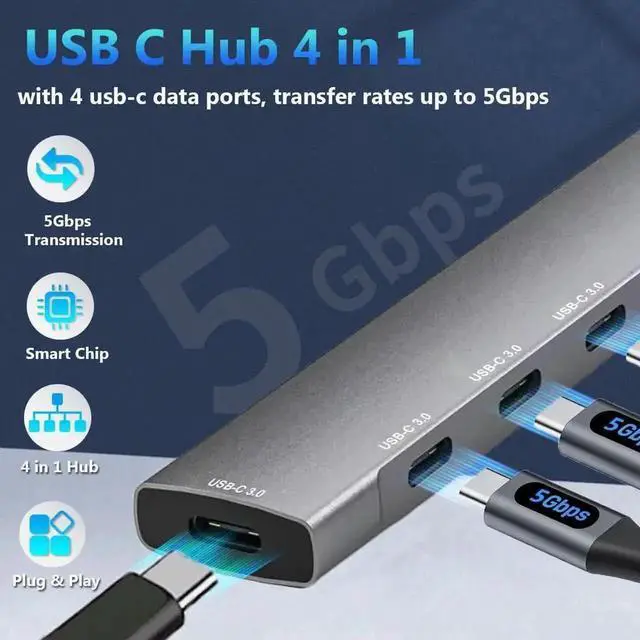 Alt view image 3 of 6 - 4-Port USB 3.0 USB-C Hub 5Gbps High Speed Data Transfer Portable Type-C Multiport Splitter Extension Adapter Compatible with MacBook Pro Air iPhone 15 16 XPS Chromebook and USB-C Laptops