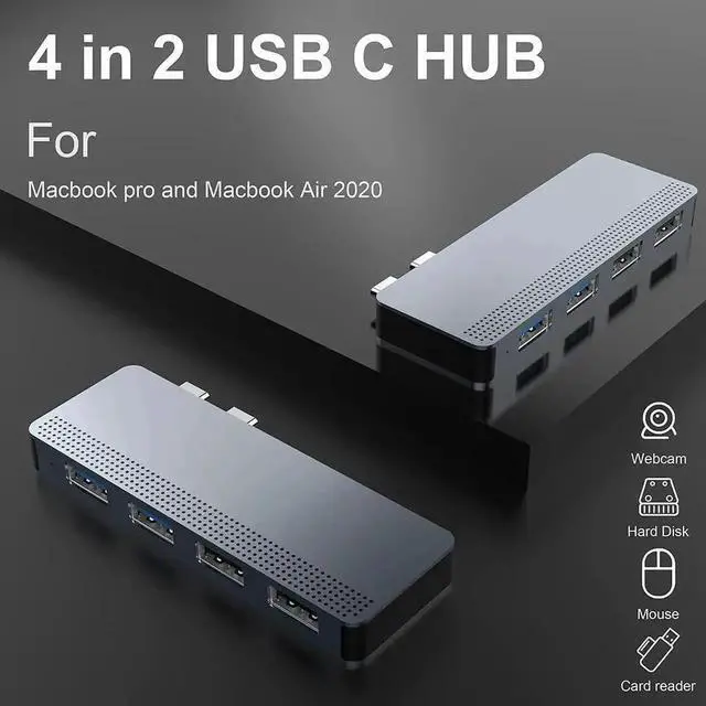 Alt view image 4 of 6 - 4 in 2 Dual USB C Hub Adapter for MacBook Pro 2016-2020 MacBook Air 2018-2020, Type-C Splitter with 2 USB 3.0 High Speed Ports and 2 USB 2.0 Ports Plug and Play Expansion Dock
