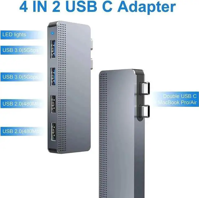 Alt view image 2 of 6 - 4 in 2 Dual USB C Hub Adapter for MacBook Pro 2016-2020 MacBook Air 2018-2020, Type-C Splitter with 2 USB 3.0 High Speed Ports and 2 USB 2.0 Ports Plug and Play Expansion Dock