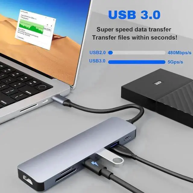 Alt view image 2 of 7 - 7 in 1 USB C Docking Station Supports Dual Monitor Display for Windows Laptops, Multiport Adapter with 4K HDMI, 2 USB 3.0, 100W PD Charging, USB-C Data Port, SD TF Card Reader for MacBook Pro Air PCs