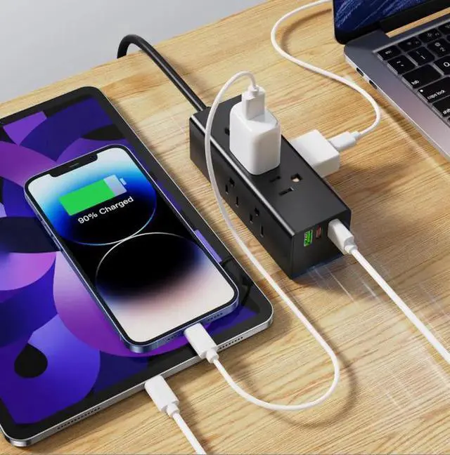 Alt view image 2 of 5 - USA-01 US Standard Power Strip Surge Protector with 3 AC Outlets & 2 USB-A Charging Ports 5V 2.1A, 1.2M All-Copper Extension Cord 1875W 15A Compact Desktop Charging Station for Home and Office Use