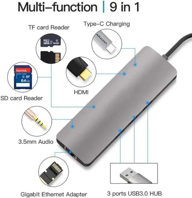 Alt view image 3 of 7 - 9 in 1 USB C Hub Multiport Docking Station with 4K HDMI Output, 3 USB 3.0 Ports, SD TF Card Reader, 60W PD Charging Port, 3.5mm Audio Jack, Compatible with MacBook USB-C Laptops and USB-C Smartphones