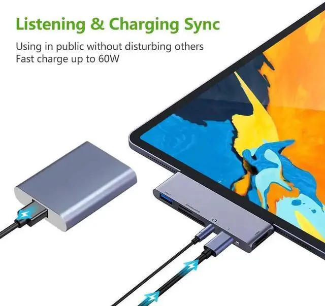 Alt view image 2 of 7 - 6 in 1 USB C Hub Adapter for iPad Pro 2018 2019 11/12.9 Inch, Type C Docking Station with 4K HDMI, USB 3.0, PD Charging, SD TF Card Reader & 3.5mm Audio Jack for iPad Pro Tablets