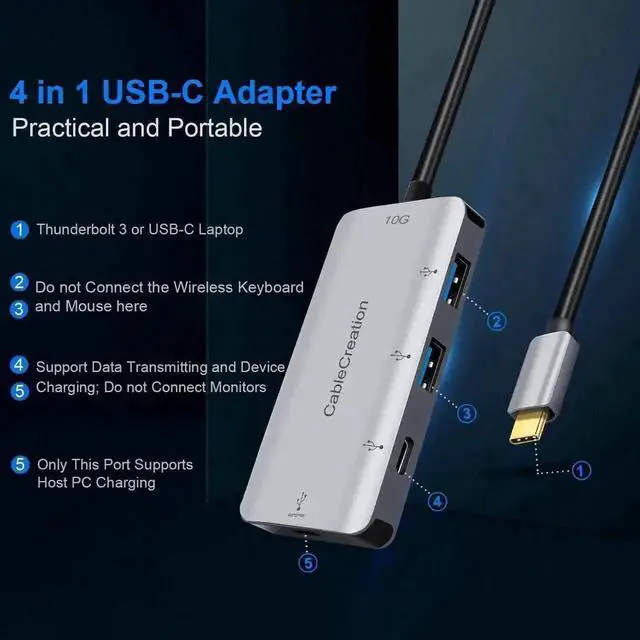 Alt view image 6 of 6 - CableCreation 4 in 1 Aluminum USB C Hub Multiport Adapter, Thunderbolt Type C Dock with 3 USB 3.0 Ports & 100W PD USB-C 3.1 Charging Port, Compatible with MacBook Pro/Air, Chromebook, Dell XPS and Oth