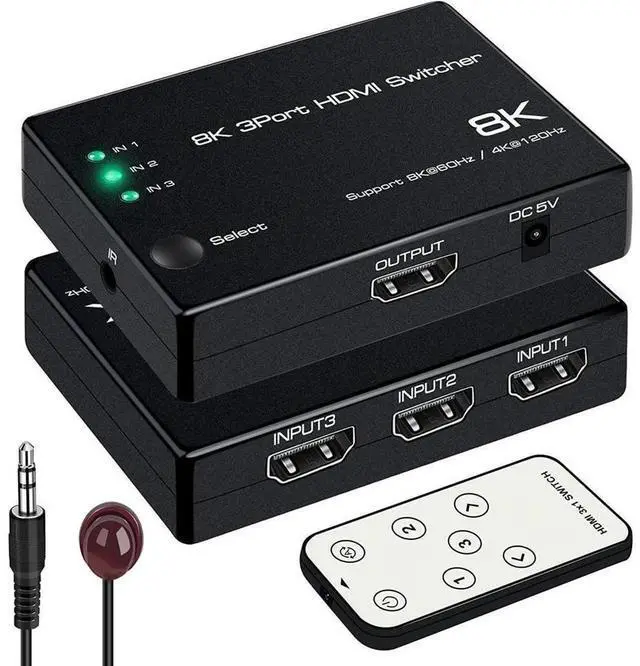 Main image of 3 in 1 Out HDMI 2.1 Switch 8K@60Hz 4K@120Hz, 3 Port 48Gbps Auto HDMI Switcher 3x1 Selector with IR Remote Control, Support HDCP2.3 HDR10+ 1080P@240Hz for PS5 PS4 Xbox UHD TV