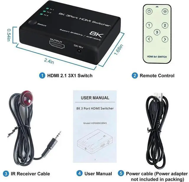 Alt view image 4 of 7 - 3 in 1 Out HDMI 2.1 Switch 8K@60Hz 4K@120Hz, 3 Port 48Gbps Auto HDMI Switcher 3x1 Selector with IR Remote Control, Support HDCP2.3 HDR10+ 1080P@240Hz for PS5 PS4 Xbox UHD TV