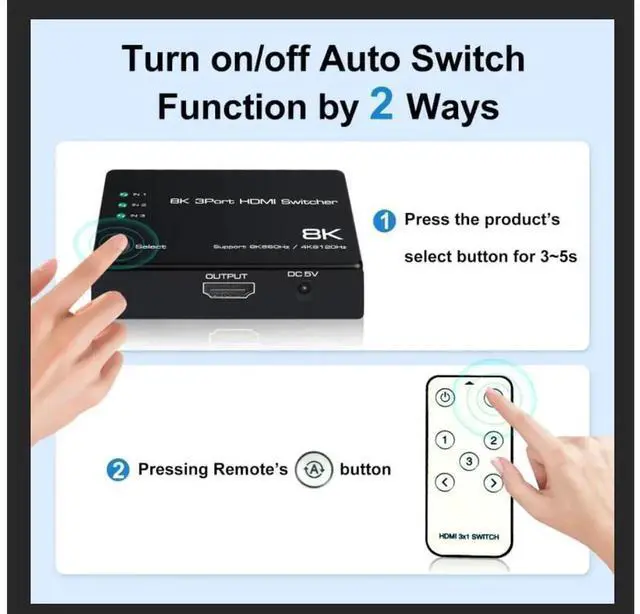 Alt view image 7 of 7 - 3 in 1 Out HDMI 2.1 Switch 8K@60Hz 4K@120Hz, 3 Port 48Gbps Auto HDMI Switcher 3x1 Selector with IR Remote Control, Support HDCP2.3 HDR10+ 1080P@240Hz for PS5 PS4 Xbox UHD TV
