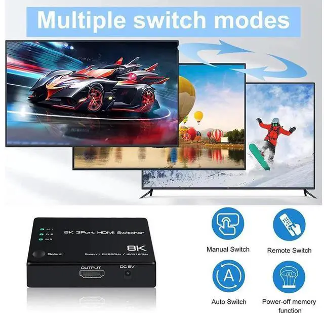 Alt view image 6 of 7 - 3 in 1 Out HDMI 2.1 Switch 8K@60Hz 4K@120Hz, 3 Port 48Gbps Auto HDMI Switcher 3x1 Selector with IR Remote Control, Support HDCP2.3 HDR10+ 1080P@240Hz for PS5 PS4 Xbox UHD TV