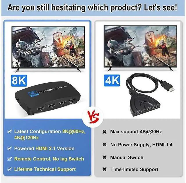 Alt view image 7 of 7 - eokCXOY 3 in 1 Out HDMI 2.1 Switch 8K@60Hz, 3 Port HDMI Auto Selector Switcher with IR Remote, Support 4K@120Hz 1080P@240Hz 1080P@120Hz for PS4 PS5 Fire Stick Game Consoles and HDTV