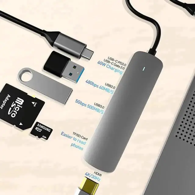 Alt view image 5 of 7 - 6 in 1 USB C Docking Station Multiport Hub Adapter with 4K HDMI Output, USB 3.0 Port, USB-C PD Charging Port, SD TF Card Reader, Plug and Play Compatible with MacBook Pro/Air and All USB-C Laptops
