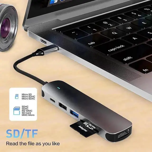 Alt view image 7 of 7 - 6 in 1 USB C Docking Station Multiport Hub Adapter with 4K HDMI Output, USB 3.0 Port, USB-C PD Charging Port, SD TF Card Reader, Plug and Play Compatible with MacBook Pro/Air and All USB-C Laptops