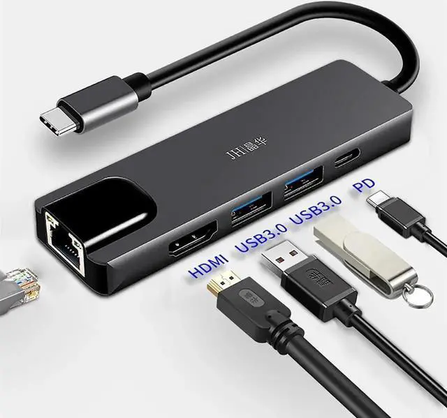 Main image of 5 in 1 USB C Multiport Docking Hub with Gigabit 1000Mbps RJ45 Ethernet, 4K HDMI Video Output, 2 USB 3.0 Data Ports and USB-C 100W PD Charging, Compatible with MacBook Pro and All USB-C Windows Laptops