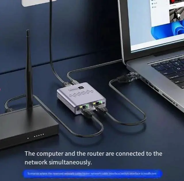 Alt view image 3 of 4 - 1 to 2 RJ45 Gigabit Ethernet Splitter Adapter with USB Power Supply, Dual Port LAN Network Extender Hub Allows Two Devices Simultaneous Internet Access for PC Laptop Smart TV and Set-Top Box, Plug and