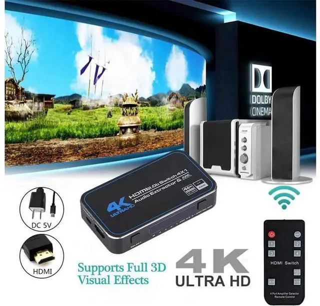 Alt view image 2 of 7 - eokCXOY 4 in 1 HDMI Switch with Audio Extractor IR Remote, 4K@60Hz 4X1 HDMI Switcher Support ARC, Optical SPDIF TOSLINK & 3.5mm Audio Jack, 3D 1080P@120Hz for HDTV Game Consoles