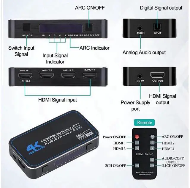 Alt view image 7 of 7 - eokCXOY 4 in 1 HDMI Switch with Audio Extractor IR Remote, 4K@60Hz 4X1 HDMI Switcher Support ARC, Optical SPDIF TOSLINK & 3.5mm Audio Jack, 3D 1080P@120Hz for HDTV Game Consoles