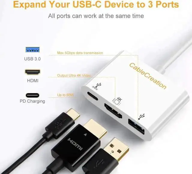 Alt view image 7 of 7 - CableCreation 3 in 1 USB C Multiport Hub Thunderbolt 3 Compatible, Type C Adapter with 4K HDMI Output, USB 3.0 Data Port & 60W PD Pass-Through Charging for MacBook Pro, Dell XPS 13/15, Samsung Galaxy