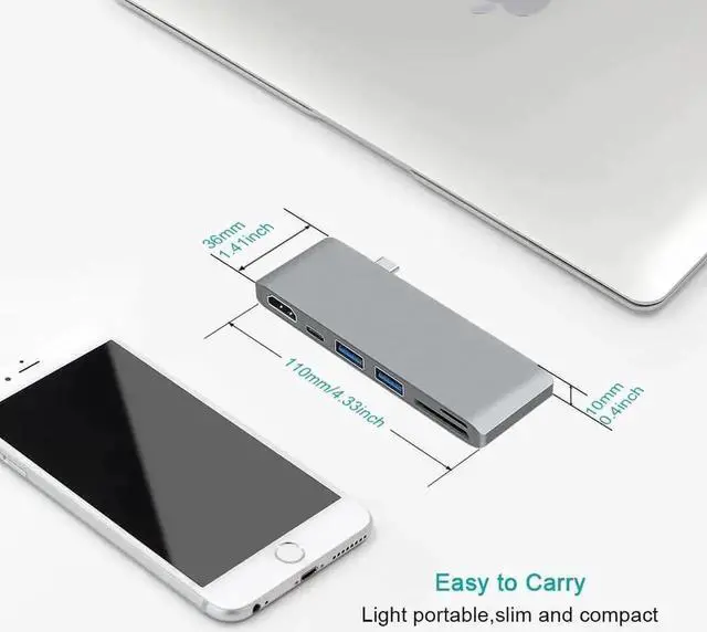 Alt view image 7 of 7 - 6 in 1 Gray USB-C Multiport Hub Adapter for MacBook 13/15 Inch 2016-2017, with 4K HDMI, USB-C PD Charging, 2 USB 3.0 Ports, SD and Micro SD Card Reader