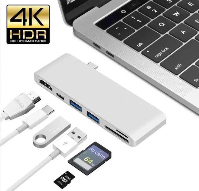 Main image of USB C Type-C Hub, MacBook Adapter, 6-in-1 USB-C Hub with USB-C PD Charging Port, 4K*2K HDMI, 2xUSB 3.0 Ports, SD/MicroSD Card Reader for 2016/2017 MacBook 13" 15"- Silver