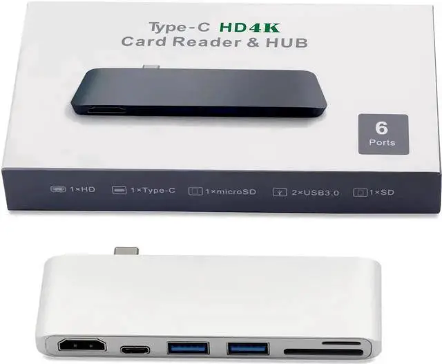 Alt view image 4 of 7 - USB C Type-C Hub, MacBook Adapter, 6-in-1 USB-C Hub with USB-C PD Charging Port, 4K*2K HDMI, 2xUSB 3.0 Ports, SD/MicroSD Card Reader for 2016/2017 MacBook 13" 15"- Silver