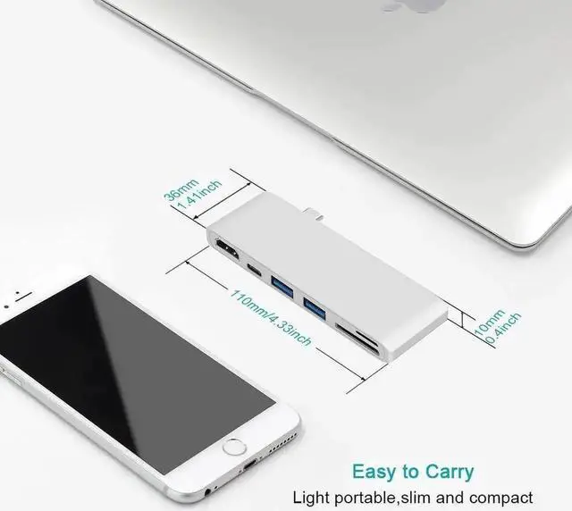Alt view image 3 of 7 - USB C Type-C Hub, MacBook Adapter, 6-in-1 USB-C Hub with USB-C PD Charging Port, 4K*2K HDMI, 2xUSB 3.0 Ports, SD/MicroSD Card Reader for 2016/2017 MacBook 13" 15"- Silver