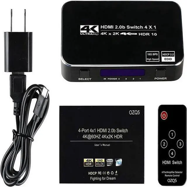 Alt view image 2 of 7 - Torpedo Nova 4x1 HDMI Switch 4K 60Hz HDR10 HDCP2.2 18Gbps Auto Switch HDMI Selector with IR Remote for Laptop PS5 Xbox Blu-ray Player TV Projector Monitor