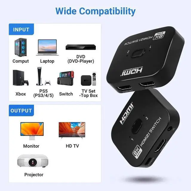 Alt view image 4 of 6 - 8K Bi-Directional HDMI Switch Splitter 2 in 1 Out 48Gbps Bandwidth Support 8K@60Hz 4K@120Hz 4K@144Hz HDMI 2.1 Adapter Compatible with PS5 PS4 Xbox HDTV Fire Stick Projector Monitor