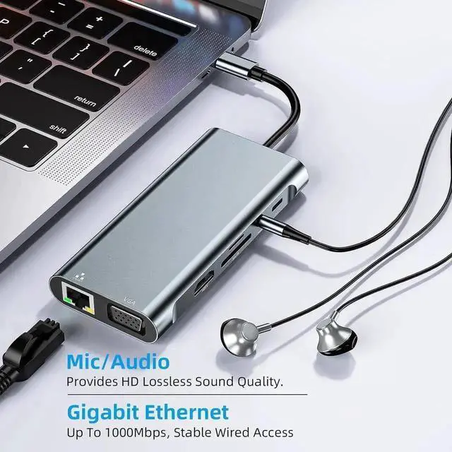 Alt view image 6 of 7 - 11 in 1 USB C Docking Station Multiport Hub with 4K HDMI, VGA, 1000Mbps RJ45 Ethernet, 3 USB 3.0 Ports, 100W USB-C PD Charging, 3.5mm Audio Jack Compatible with MacBook USB-C Laptops HDD Printer Mouse