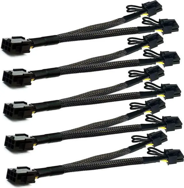 Main image of 5 Pack 12 Inch 18AWG PCIe 6 Pin to Dual PCIe 8Pin (6+2) GPU Power Y-Splitter Cable Sleeved PCI Express Graphics Card VGA Power Extension Cord