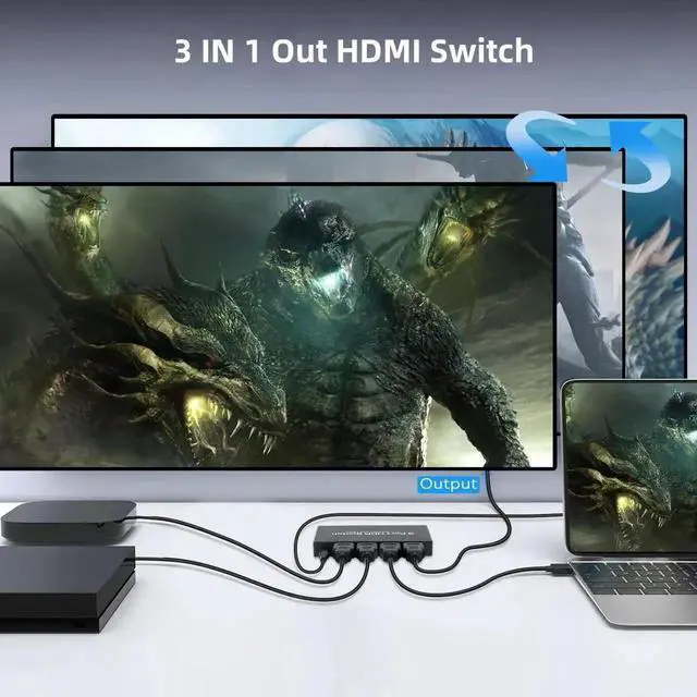 Alt view image 5 of 7 - HDMI 2.1 3 In 1 Out Switcher 8K@60Hz 4K@120Hz 48Gbps Bandwidth, HDMI Switch Supports HDCP2.3 VRR ALLM Dolby Vision Atmos for PS5, Game Console, TV and DVD Player