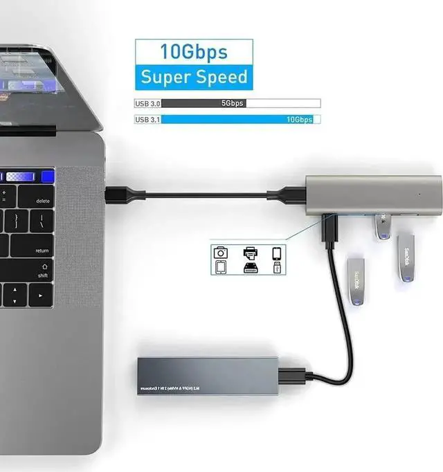 Alt view image 6 of 7 - 10Gbps USB 3.2 Gen 2 Type-C Hub, Super Speed USB-C Splitter with 3 USB-A Ports, Extra USB-C Port and 5V Power Supply Port for MacBook, Surface Pro 7 and All Type-C Laptops