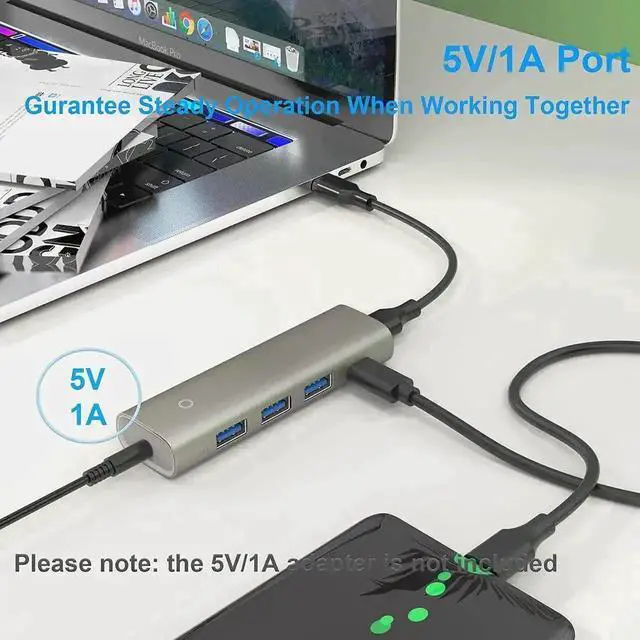 Alt view image 2 of 7 - 10Gbps USB 3.2 Gen 2 Type-C Hub, Super Speed USB-C Splitter with 3 USB-A Ports, Extra USB-C Port and 5V Power Supply Port for MacBook, Surface Pro 7 and All Type-C Laptops
