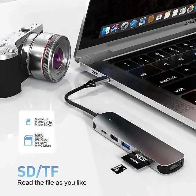 Alt view image 7 of 7 - 6-in-1 USB C Docking Station Multiport Hub with 4K HDMI, USB3.0, USB-C PD Charging Port, SD & TF Card Reader, Type C Adapter for MacBook Pro Air and All USB-C Laptops