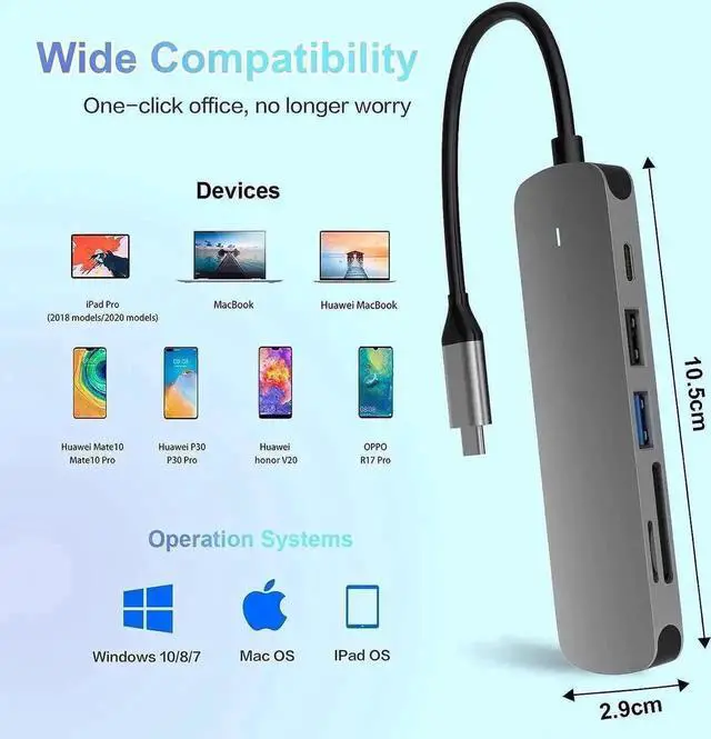 Alt view image 6 of 7 - 6-in-1 USB C Docking Station Multiport Hub with 4K HDMI, USB3.0, USB-C PD Charging Port, SD & TF Card Reader, Type C Adapter for MacBook Pro Air and All USB-C Laptops