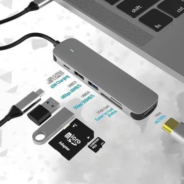 Alt view image 7 of 7 - 6 in 1 USB C Multiport Docking Station Hub with 4K HDMI, USB 3.0, USB-C PD Charging, SD TF Card Reader, Type C Adapter for MacBook Pro Air and All USB-C Laptops