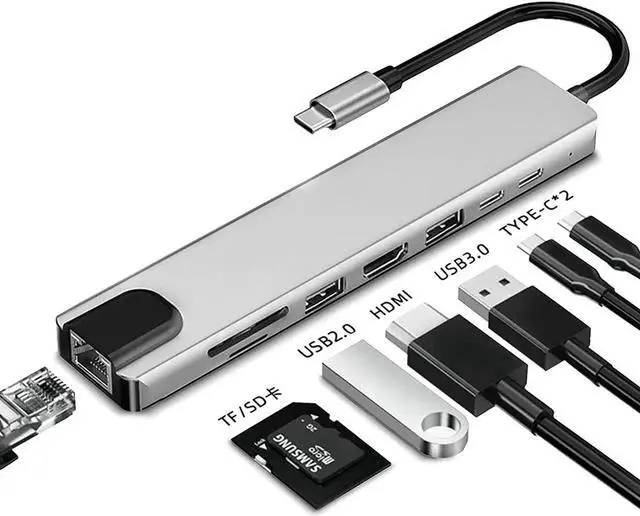 Main image of 8-in-1 USB C Multiport Docking Station Hub, Type-C Adapter with 4K HDMI, Gigabit RJ45 Ethernet, USB 3.0, USB-C Data Port, SD & TF Card Reader OTG Connector for Laptops