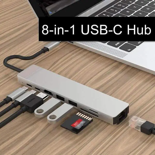 Alt view image 2 of 7 - 8-in-1 USB C Multiport Docking Station Hub, Type-C Adapter with 4K HDMI, Gigabit RJ45 Ethernet, USB 3.0, USB-C Data Port, SD & TF Card Reader OTG Connector for Laptops