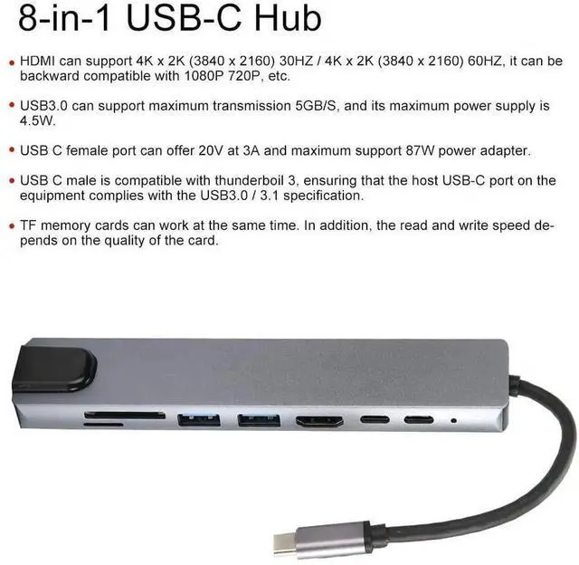 Alt view image 4 of 7 - 8-in-1 USB C Multiport Docking Station Hub, Type-C Adapter with 4K HDMI, Gigabit RJ45 Ethernet, USB 3.0, USB-C Data Port, SD & TF Card Reader OTG Connector for Laptops