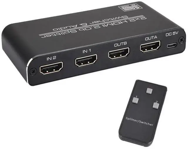 Main image of 2x2 HDMI 2.0 Matrix Switch Splitter 2 In 2 Out 4K@60Hz, Supports HDR HDCP2.2 3D with IR Remote, 3.5mm Headphone Jack and SPDIF Optical Audio Output