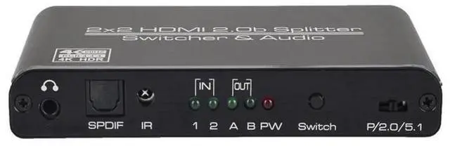 Alt view image 5 of 7 - 2x2 HDMI 2.0 Matrix Switch Splitter 2 In 2 Out 4K@60Hz, Supports HDR HDCP2.2 3D with IR Remote, 3.5mm Headphone Jack and SPDIF Optical Audio Output
