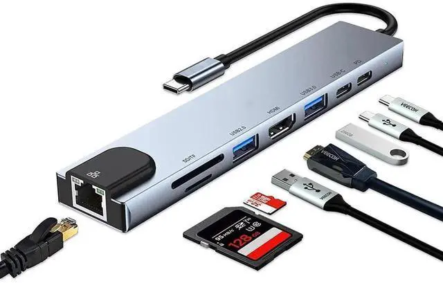Main image of 8-in-1 USB C Multiport Hub Adapter with 4K HDMI, Gigabit RJ45 Ethernet, USB-C PD Charging, USB3.0, USB2.0, SD TF Card Reader and USB-C Data Port for All Type-C Laptops